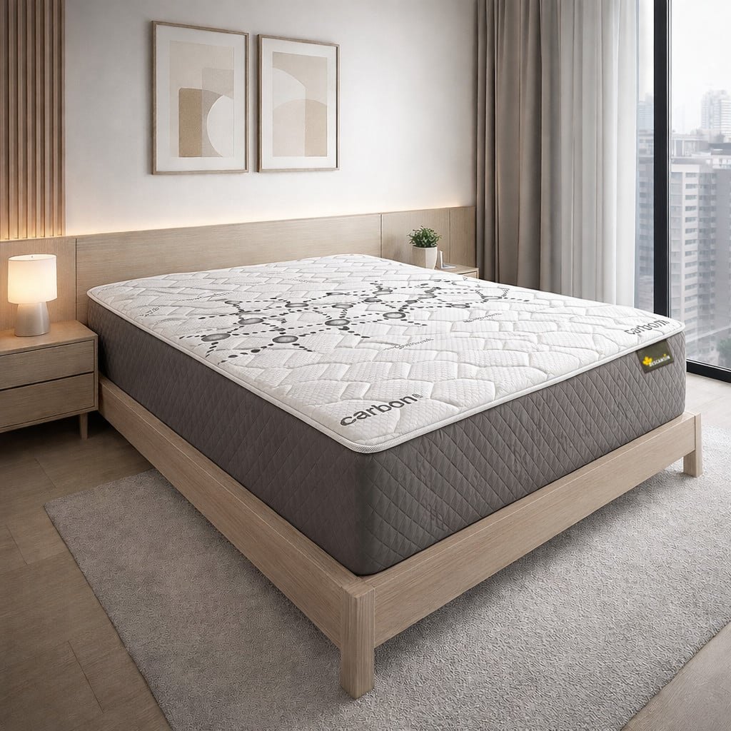 Descansín Grafeno 30 cm sobre una cama de madera en un dormitorio