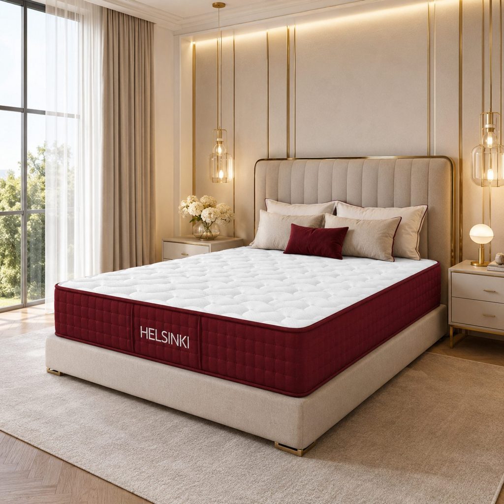 Colchón Imperial Confort Helsinki sobre una cama tapizada en un dormitorio luminoso