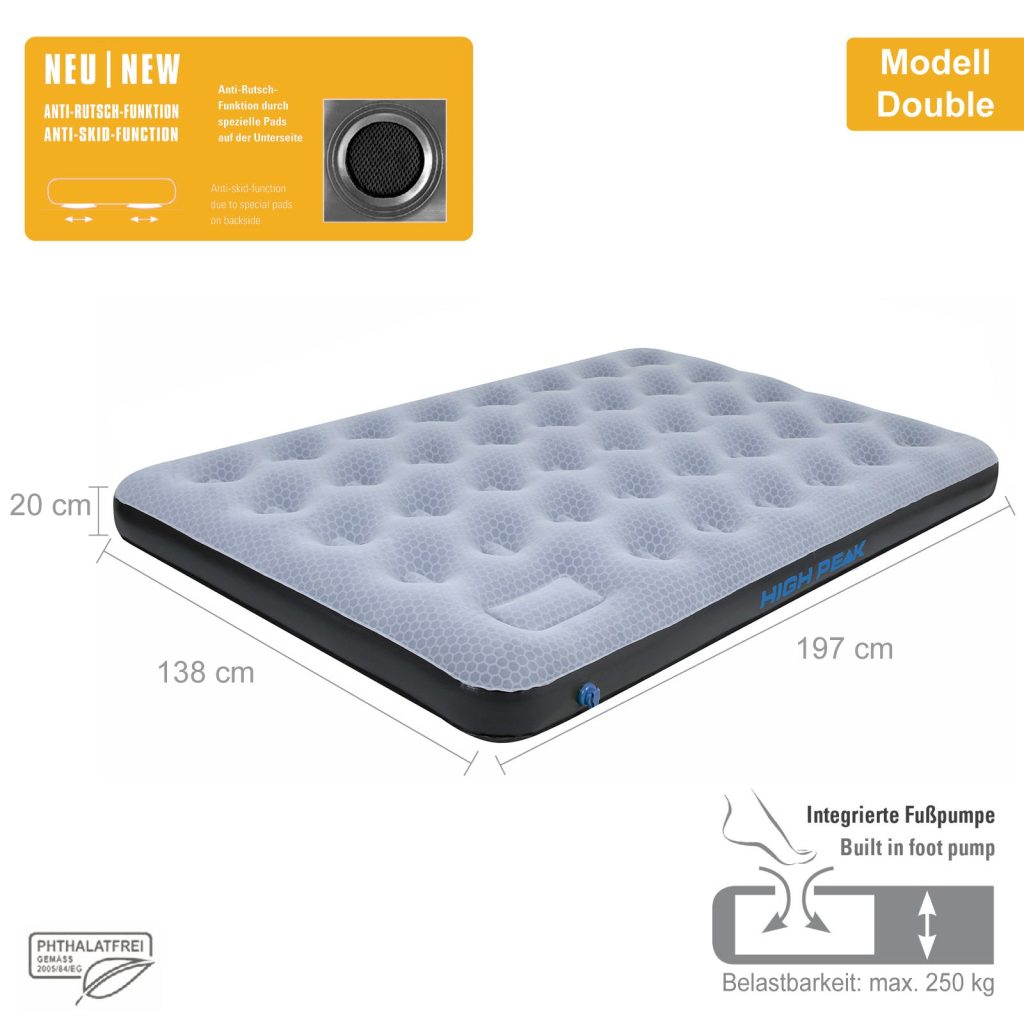 High Peak Comfort Plus doble con sus medidas de 197 x 138 x 20 cm y la bomba de pie