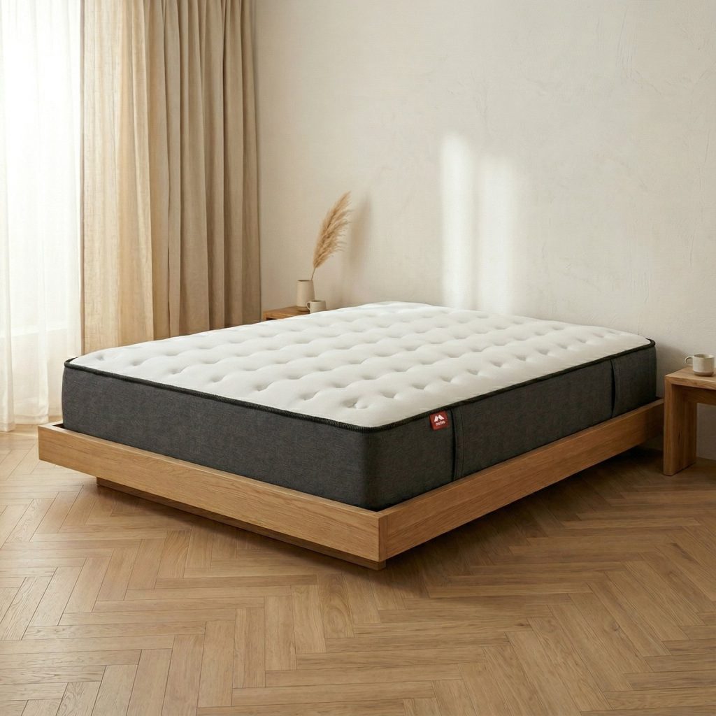Morfeo Altus sobre una cama de madera en un dormitorio minimalista