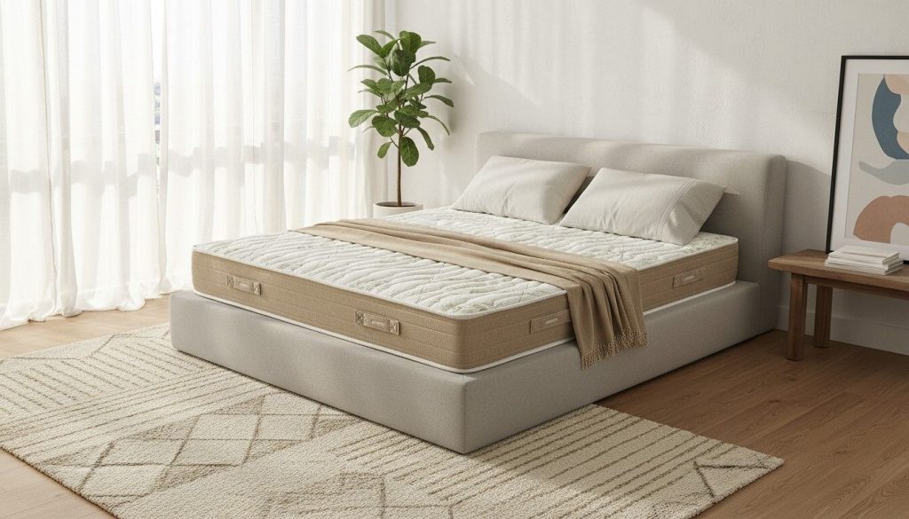 Pikolin Hercules Pocket sobre una cama tapizada en un dormitorio luminoso