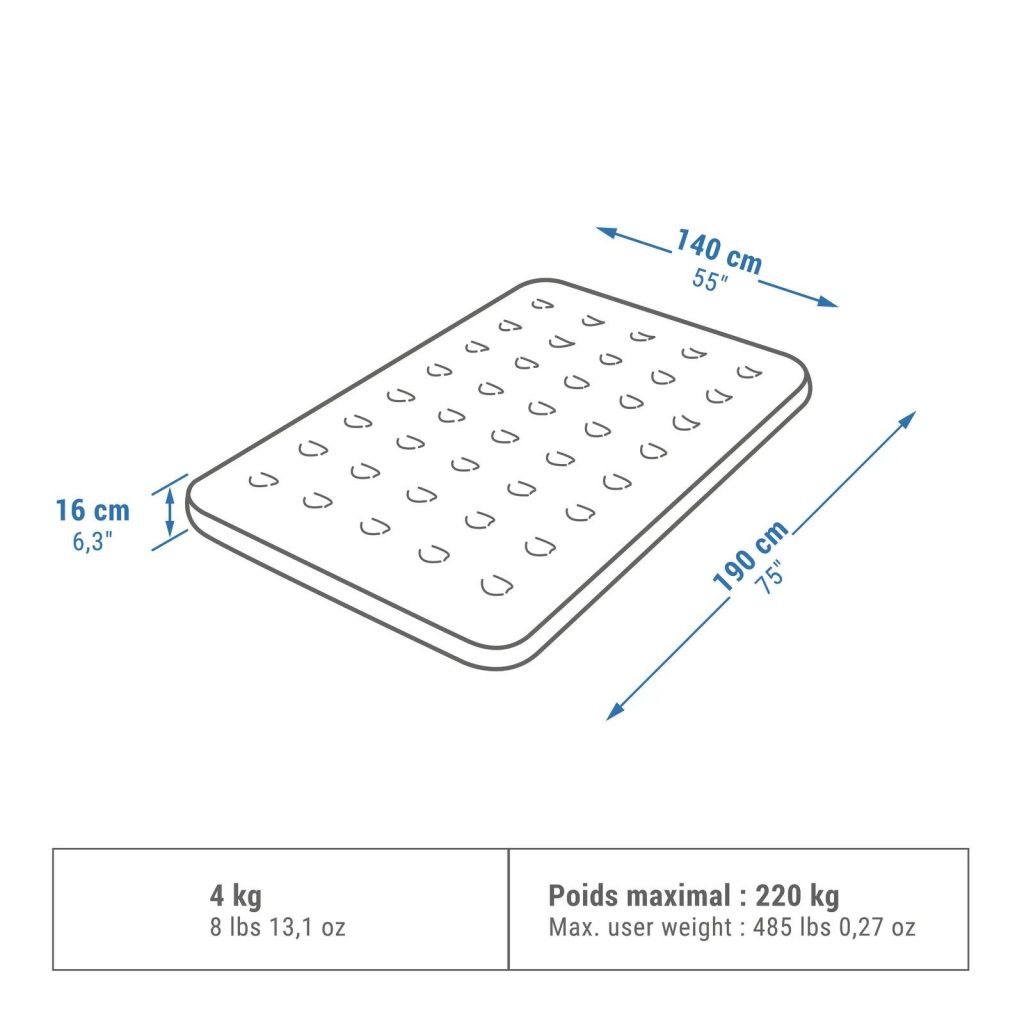 Medidas del colchón Quechua Air Basic: 190 x 140 x 16 cm, 4 kg y 220 kg de peso máximo