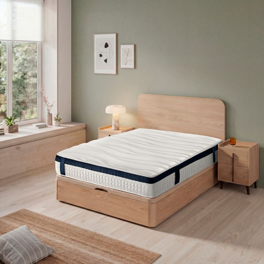 Somnalis Top Viscogel Z sobre un canapé de madera en un dormitorio