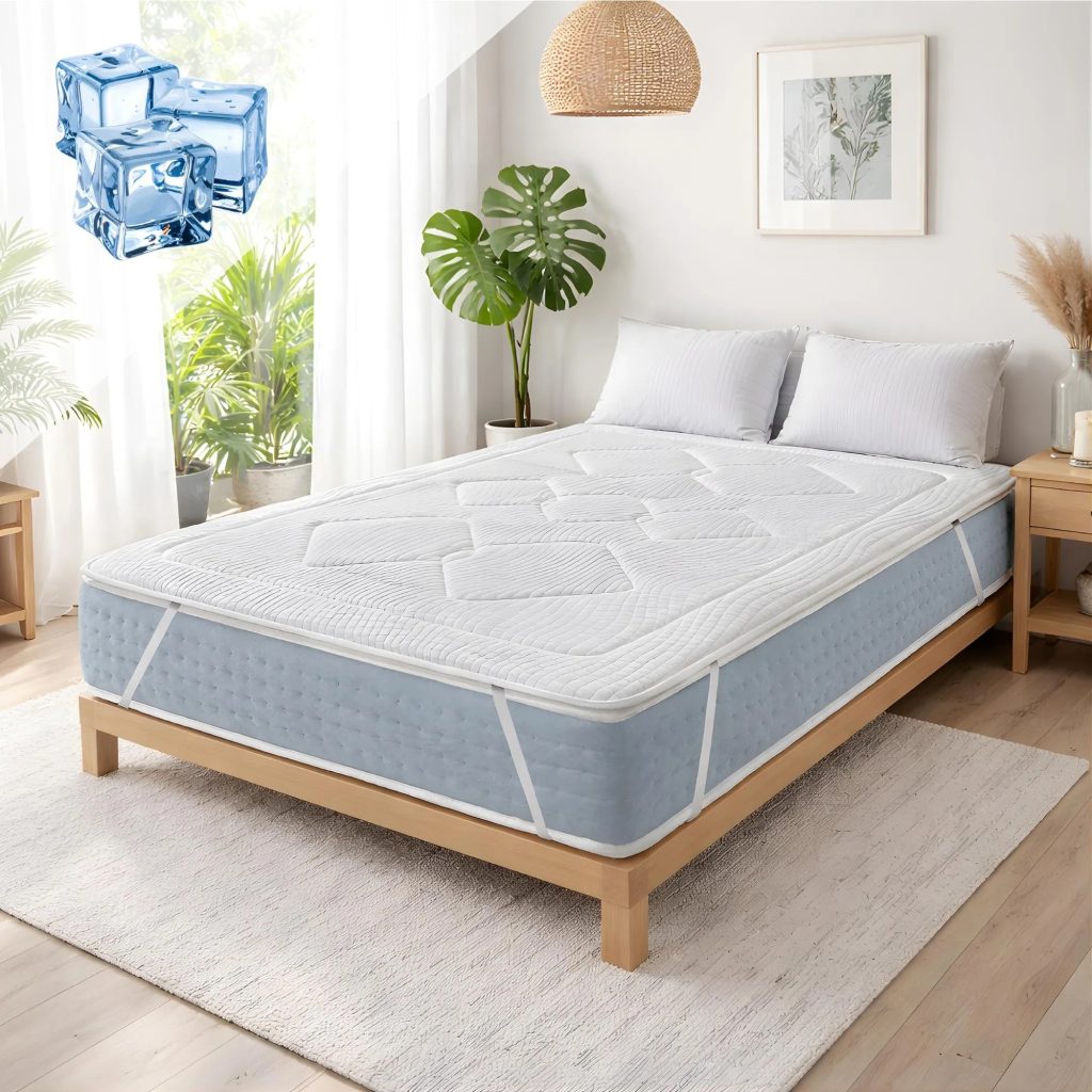 Topper Polar Dreams de SonnoMattress sobre una cama en un dormitorio luminoso