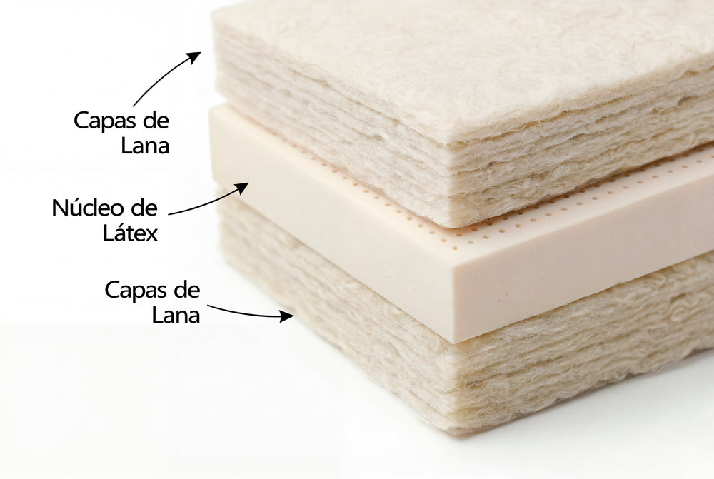 Corte del Colchón de Lana con Látex de Futón Barcelona con capas de lana y núcleo de látex