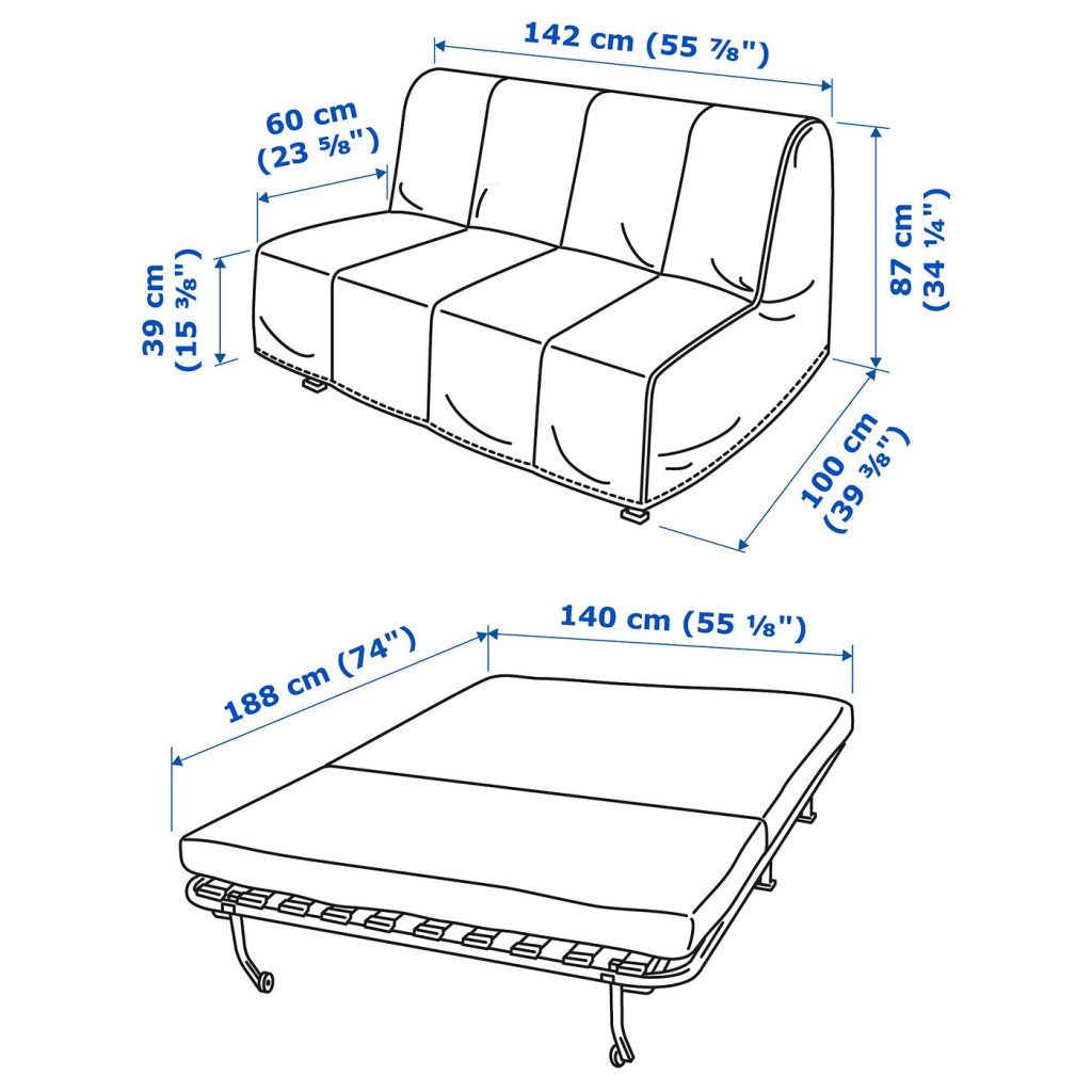Dibujo del sofá cama IKEA LYCKSELE abierto con el colchón de 140x188
