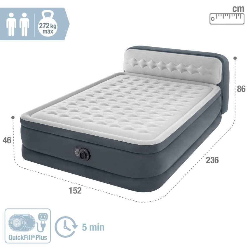 Intex Dura-Beam Deluxe Ultra Plush Headboard, medidas de 152 x 236 x 46 cm con cabecero de 86 cm