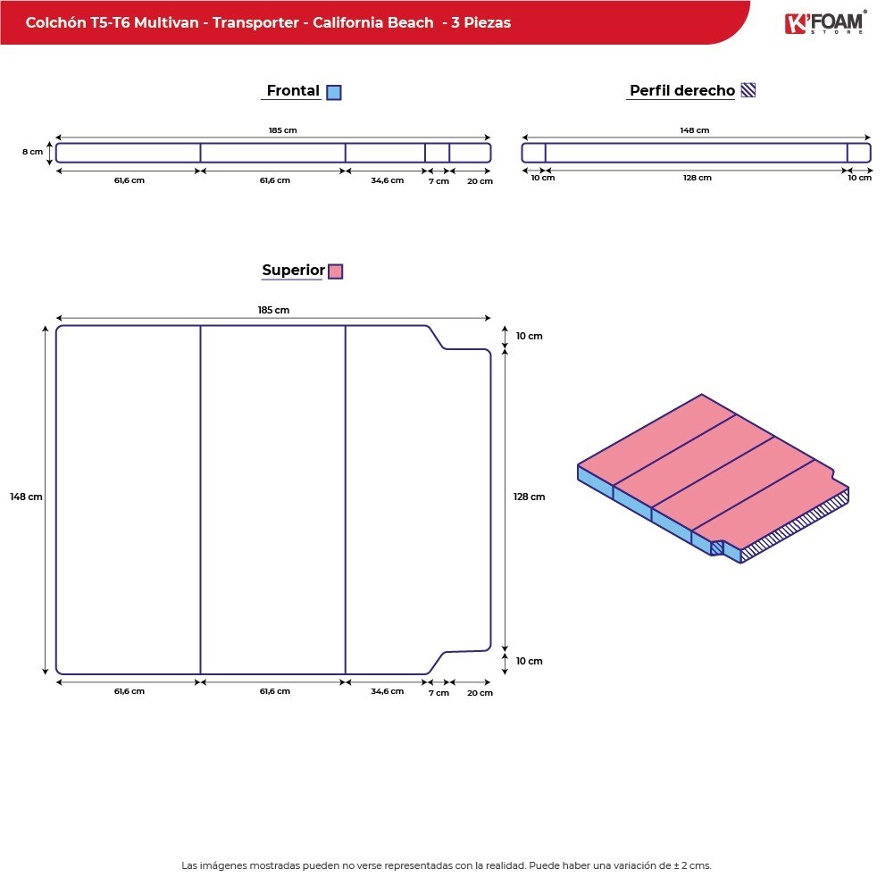 Plano del colchón plegable K'Foam para VW T5 y T6 con sus medidas