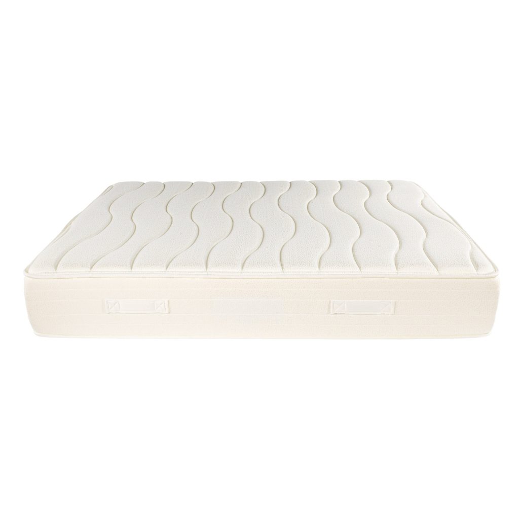 Colchón Pikolin B-BED de frente, con el tejido Stretch blanco y dos asas