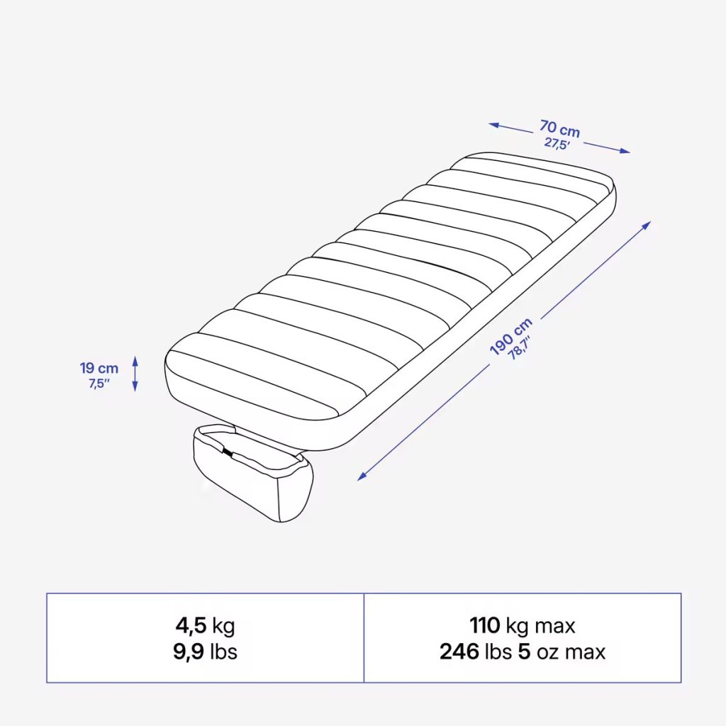 Quechua Air Seconds Ultim Comfort, esquema con medidas de 190 x 70 x 19 cm