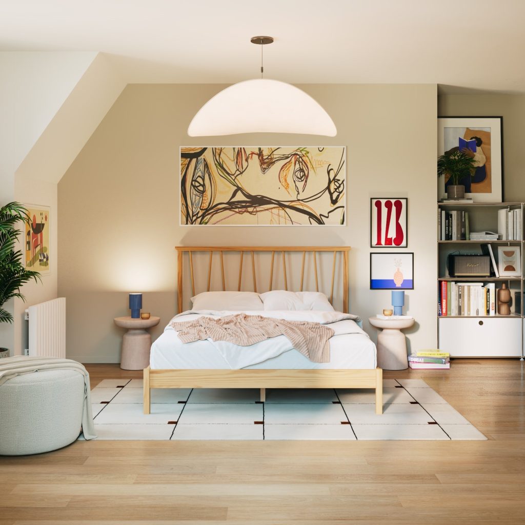 Slome Cama Leni con colchón y ropa de cama blanca en un dormitorio