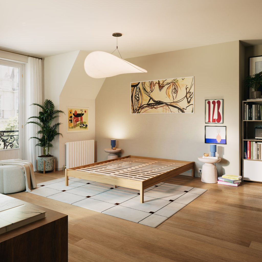 Slome Somier Leni sin colchón, con las láminas de madera a la vista, en un dormitorio