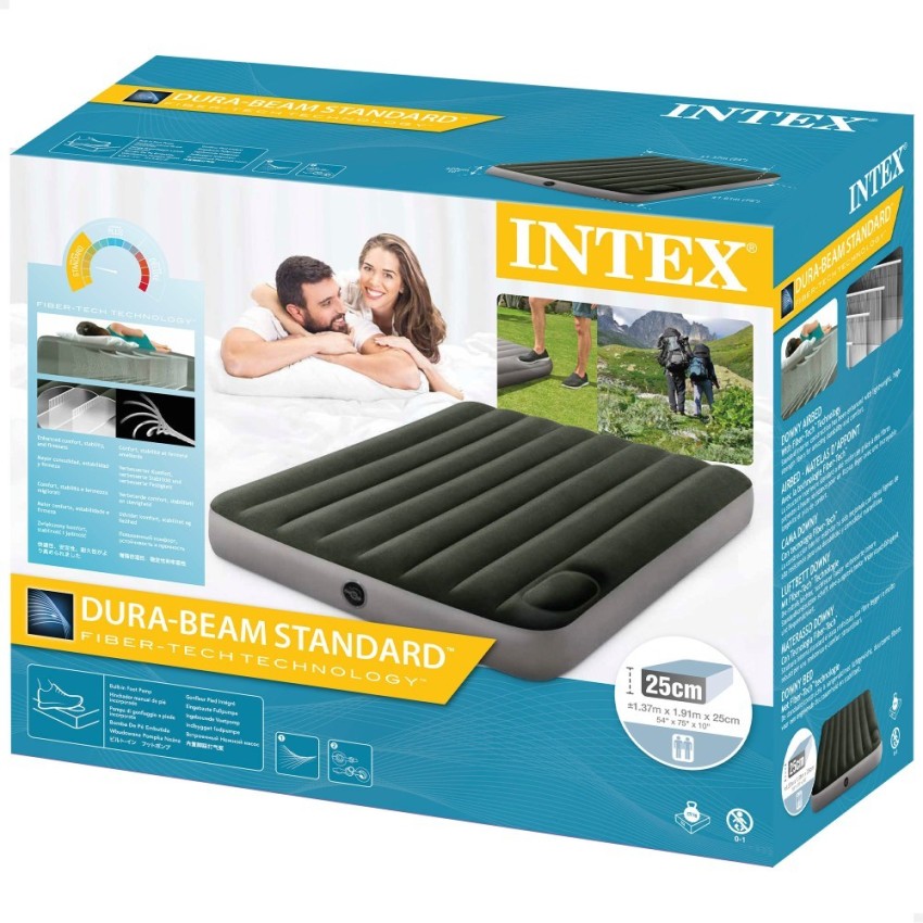 Reverso de la caja del Intex Downy doble con las características del colchón